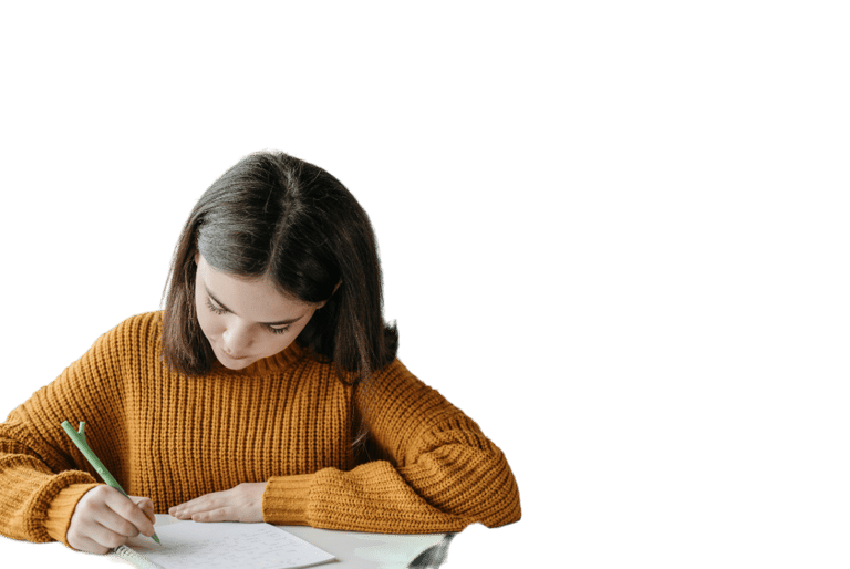 a woman in a yellow sweater is writing