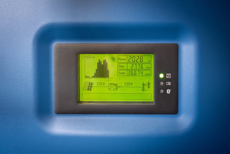 Digital LCD display of a solar power inverter showing energy production and voltage metrics.