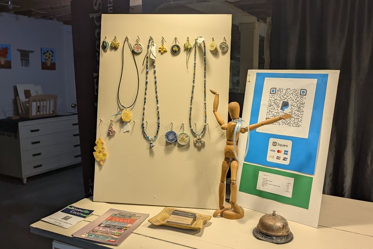 manikin, service bell, earrings, necklaces, Venmo, PayPal, square