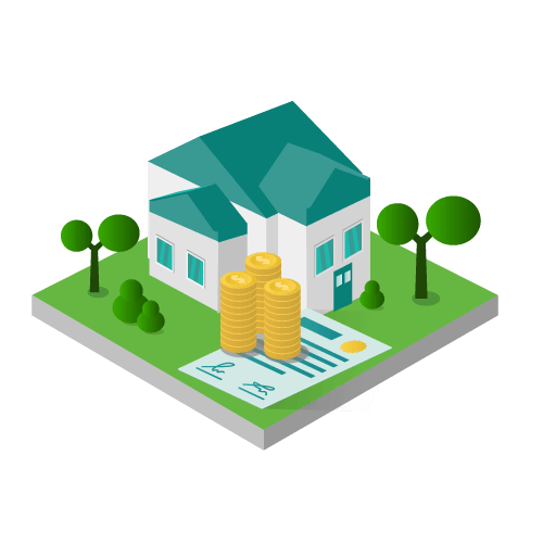 Illustration of a house and front yard with a pile of coins on a signed contract