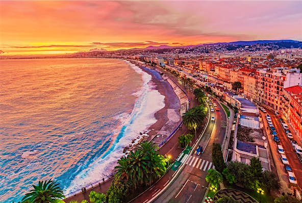Nice beach at sunset promenade des anglais city