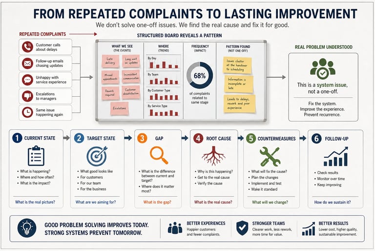 A3 problem solving approach transforming recurring customer complaints into sustainable process improvements.