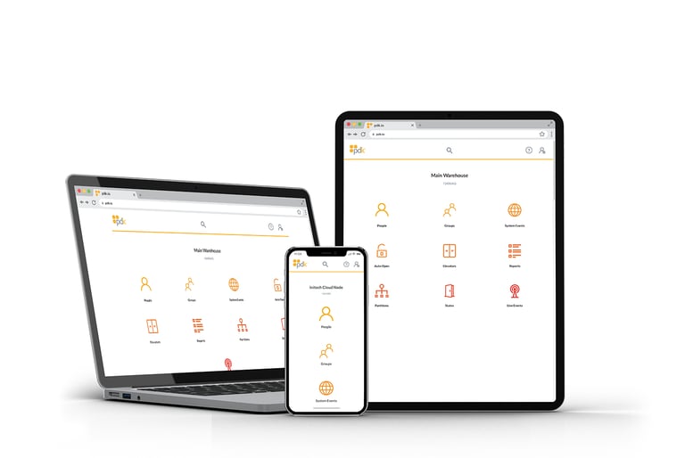 Cloud-based access control, interface displayed on laptop, tablet, and smartphone for management