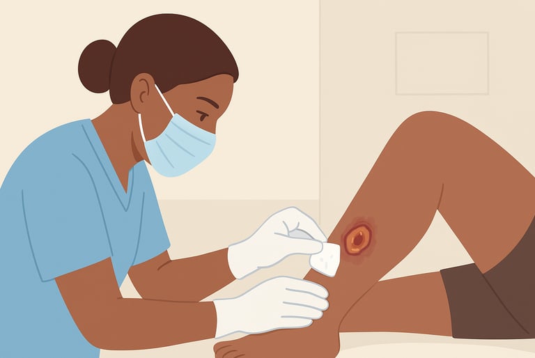 a medical professional inspecting a leg wound for infection