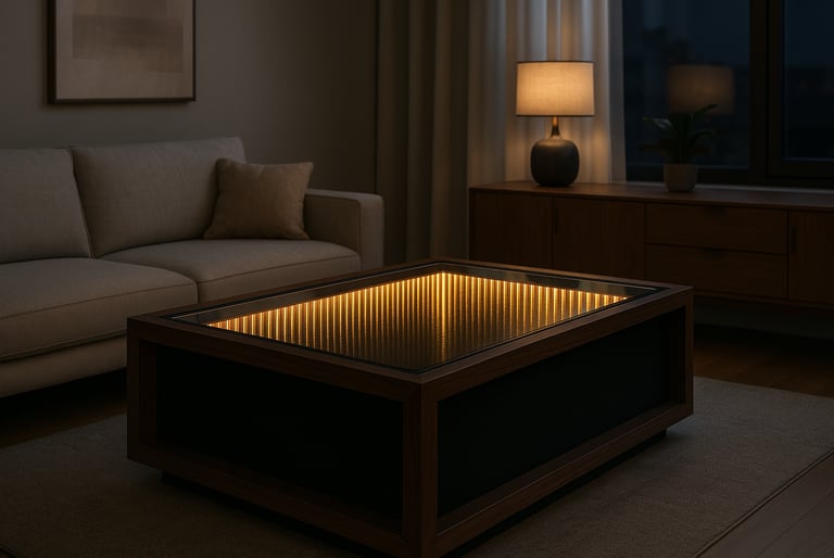 a coffee table with a glass top and a couch