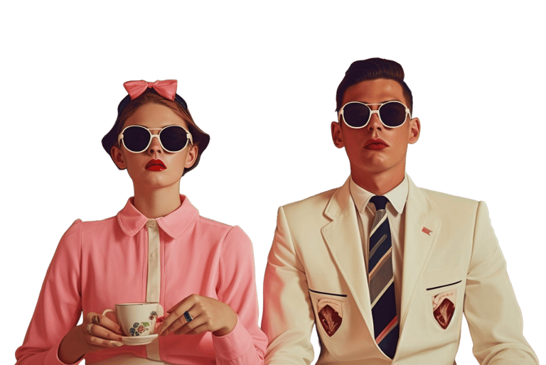 Bild von Mann und Frau mit Sonnenbrille jeweils und einer Kaffeetasse