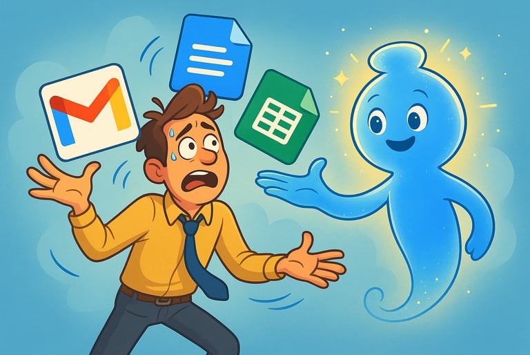 Cartoon illustration of a stressed office worker juggling Gmail, Google Docs, and Google Sheets icon