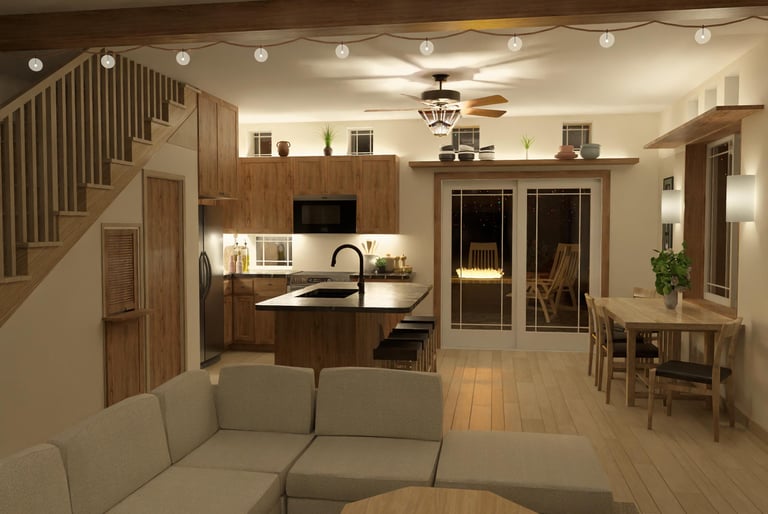 Modern open concept kitchen and living room with warm lighting, wood cabinets, and large sectional sofa.