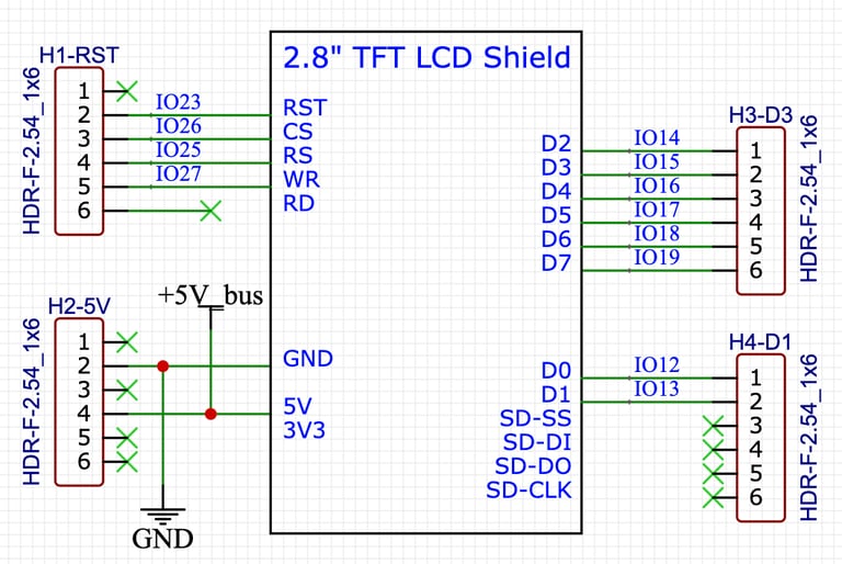Schematic for ESP CW trainer TFT display connectors