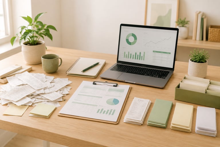Organized budgeting desk with laptop dashboard, receipts, planner pages, and file box.