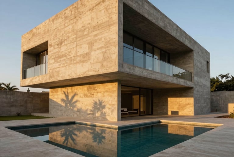 Extreme wide-angle shot of a monolithic concrete villa in Dakar at golden hour, deep architectural shadows cast on textured sand-colored plaster, minimalist pool reflecting the sky.