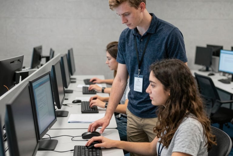 A male instructor assists a student working on a computer in a modern university IT lab.