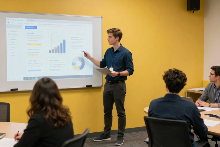Young professional man presenting data analytics on a digital whiteboard to colleagues in a modern office.