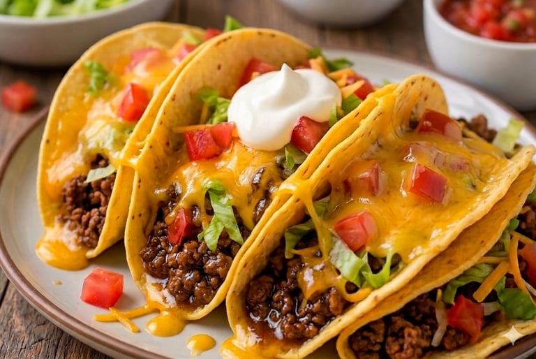 Three hard shell ground beef tacos topped with melted cheddar cheese, lettuce, tomatoes, and sour cream.