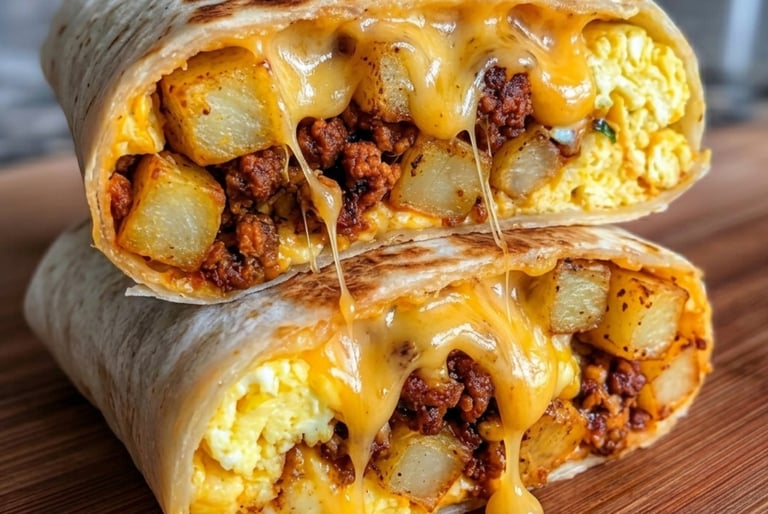 Close-up of a breakfast burrito cut in half with melted cheese, chorizo, potatoes, and scrambled eggs.