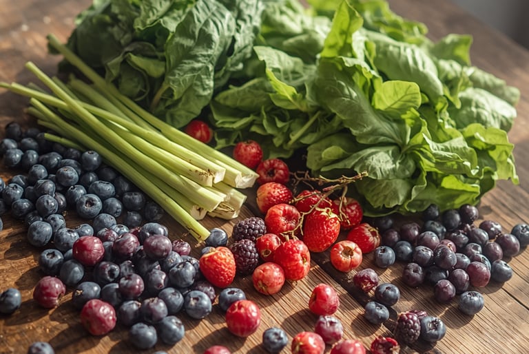 Fresh assortment of blueberries, strawberries, and green leafy vegetables on a rustic wooden table.