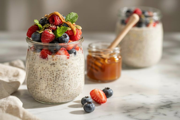 Healthy overnight chia seed pudding in a glass jar topped with fresh raspberries, blueberries, and honey.