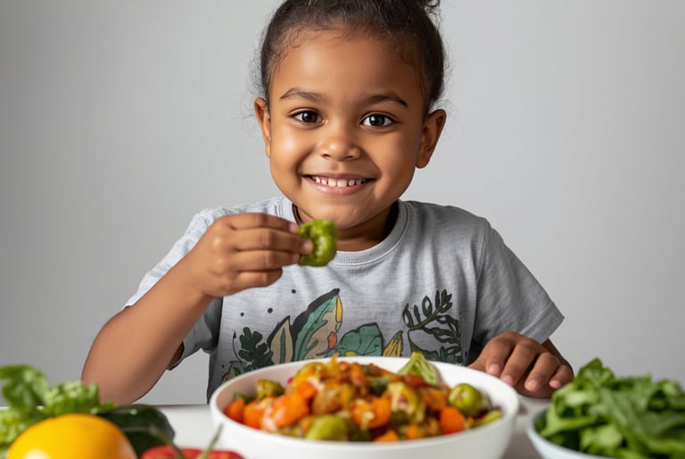 Smiling young child holding a green bell pepper slice, seated at a table with healthy fresh vegetables and a bowl of roasted