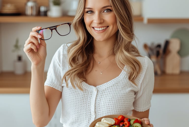 Smiling woman holding stylish tortoiseshell glasses and a healthy fruit bowl in a bright kitchen.