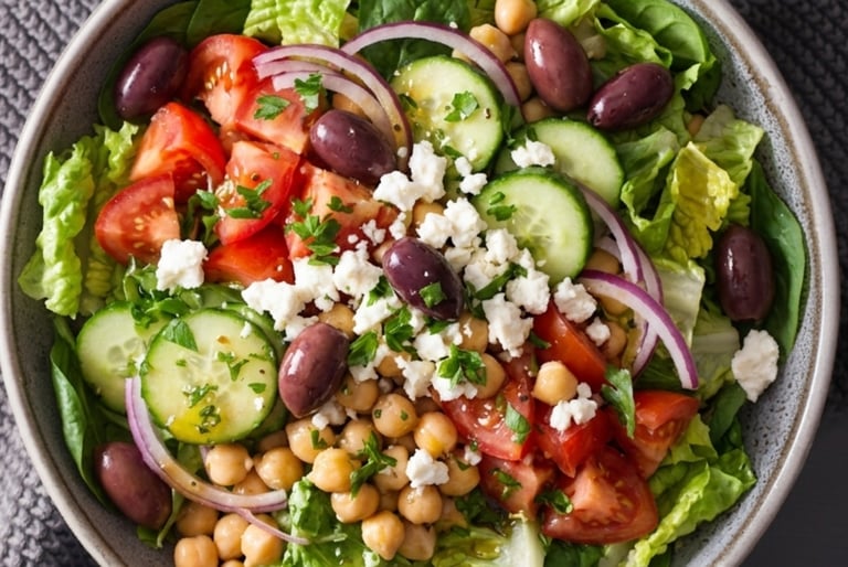 Fresh Greek salad bowl with chickpeas, feta cheese, kalamata olives, and cucumbers.