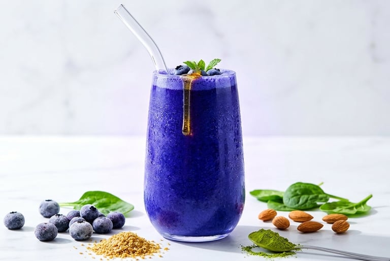 A vibrant blueberry smoothie with honey and mint garnish, surrounded by fresh almonds, spinach, and matcha powder.