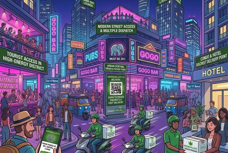 Weed delivery in Nana Bangkok showing nightlife street with fast cannabis access for tourists near Sukhumvit entertainment 