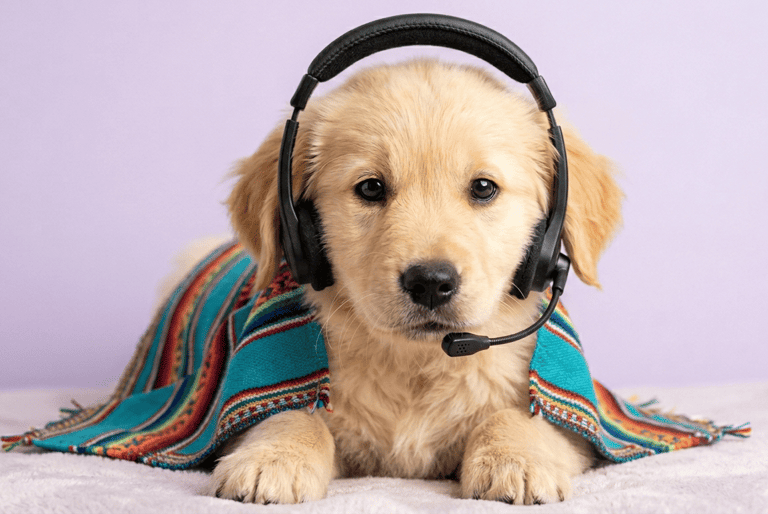 Cachorro Golden Retriever con aurriculares de diadema y micrófono, envuelto en una manta de colores de Patitas Coquetas
