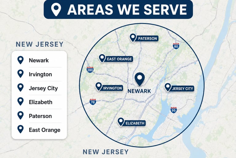 Service area map for New Jersey featuring Newark, Jersey City, Paterson, Elizabeth, and East Orange.