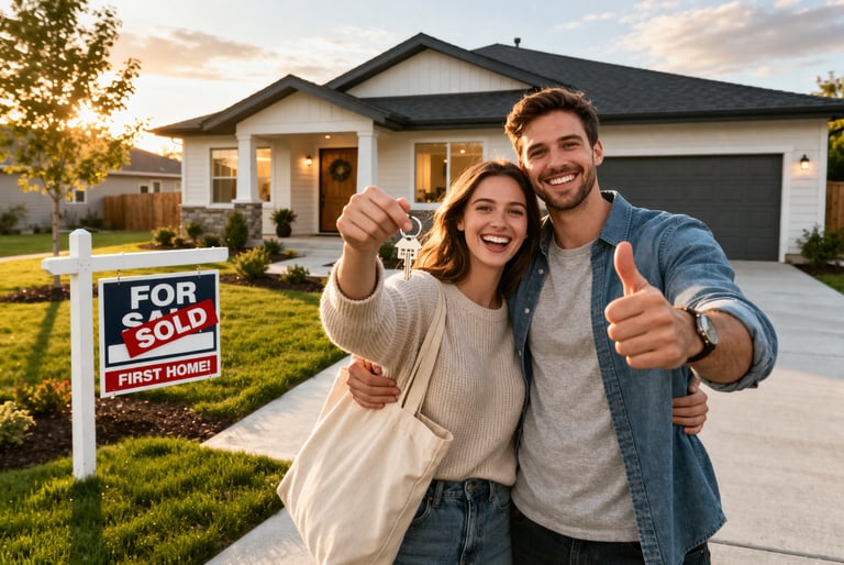 Happy first-time homebuyers with new house keys