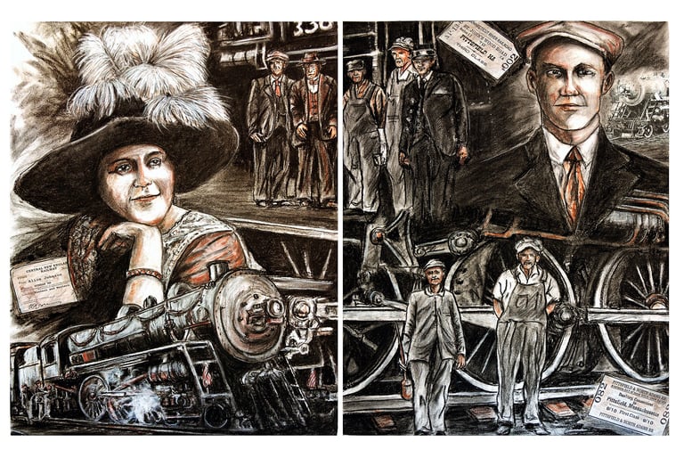 Old fashion couple and trains illustration