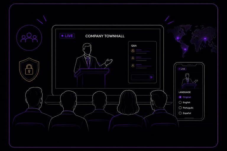 Illustration of a corporate townhall livestream with a presenter speaking to employees through a bra