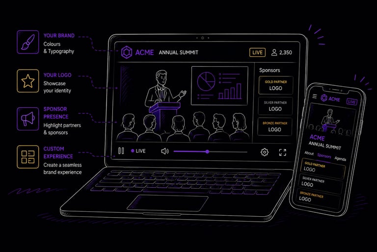Illustration of a branded corporate event streaming page showing custom event identity, sponsor area
