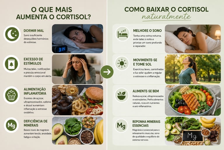o que aumenta o cortisol baixar cortisol naturalmente sono, alimentação saudável, redução do estresse, exercícios e magnésio