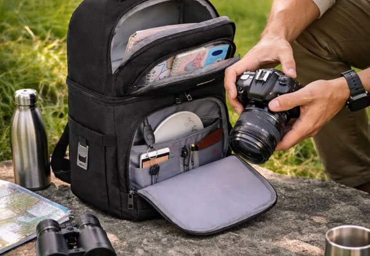 Organized travel backpack holding camera gear and essentials during an outdoor adventure