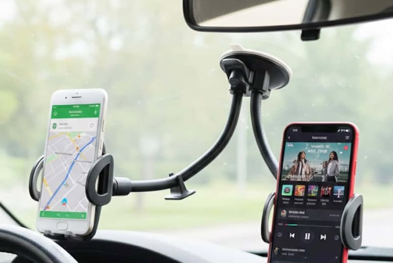 Dual car phone mounts holding smartphones on a dashboard for hands-free navigation & music playback