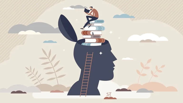 dessin d'une tete remplie d'une montagne de livre sur laquelle est assis un homme en train de lire.