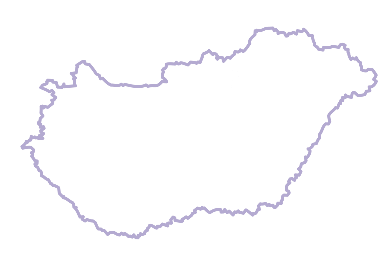 Minimalista, lila kontúros Magyarország térkép fehér háttérrel.