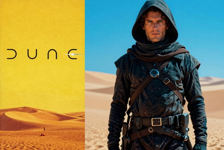 High-contrast split-screen composition, on the left a vintage yellow paperback cover of Dune, on the right a highly saturated blue-gel lit film still of a desert warrior, bold pop-art style.