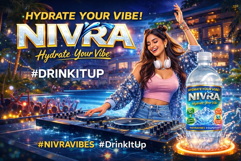 A woman DJing at a pool party next to a Nivra bottled water, promoting hydration with a vibrant vibe.