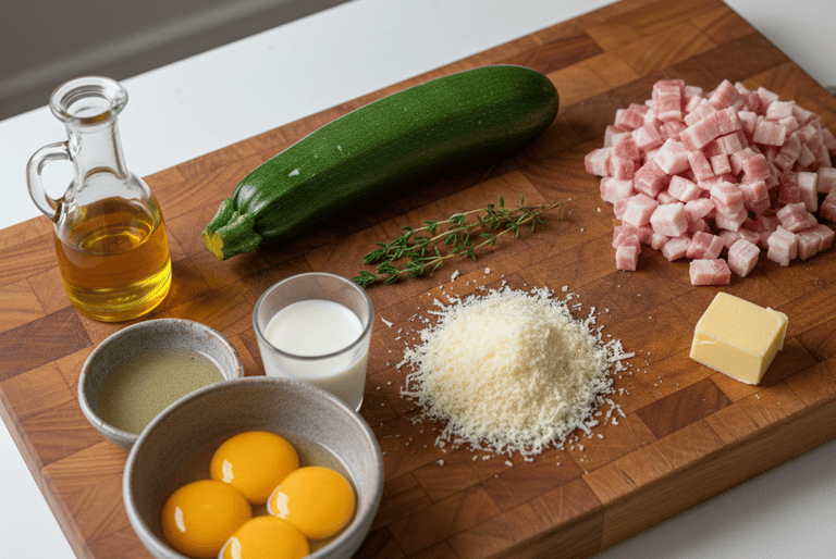 Fresh ingredients for keto zucchini carbonara with egg yolks, pancetta, parmesan, and olive oil on a wooden board.
