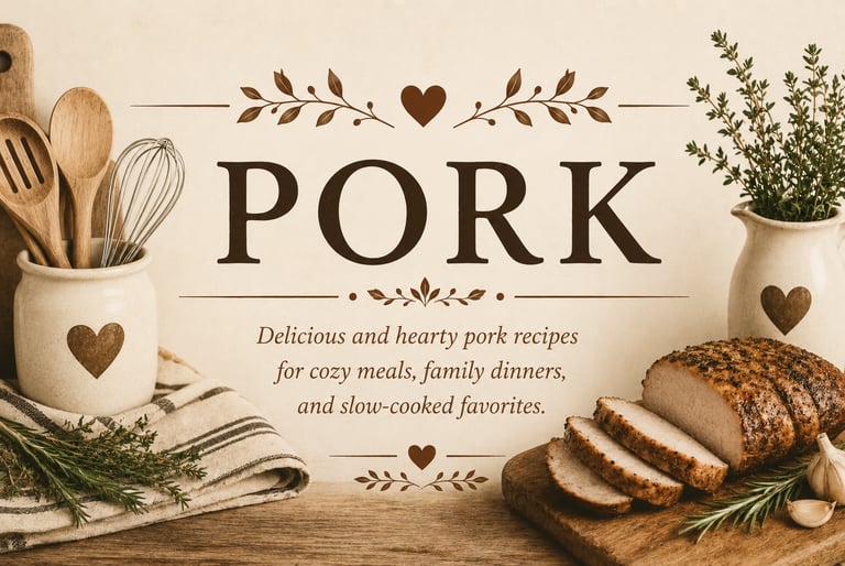Vintage pork recipe category header with warm farmhouse kitchen décor highlighting comforting homema