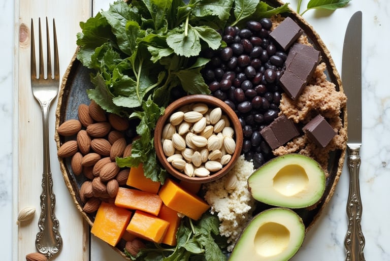 Magnesium-rich foods including greens, almonds, and dark chocolate supporting natural better sleep
