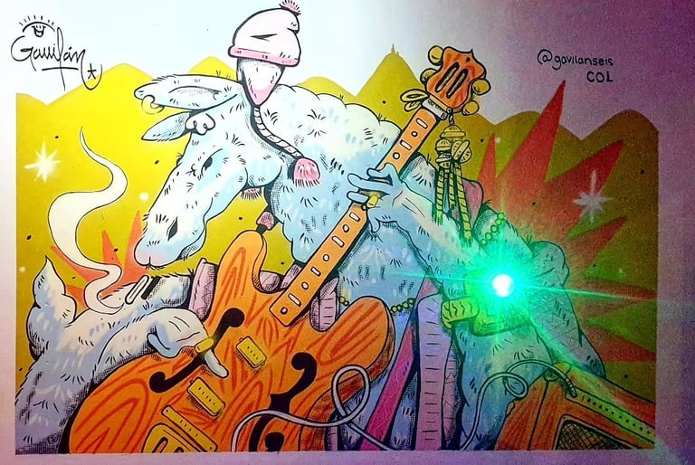 une fresque d'un lama qui fait de la guitare