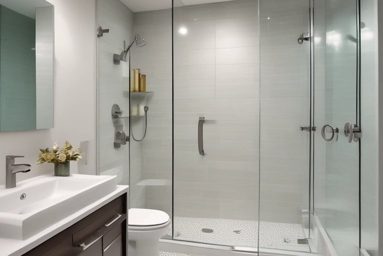 Bright bathroom with modern fixtures and handrails for safety