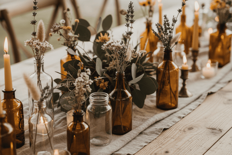 Table bohème recyclée, exemple de comment organiser un mariage petit budget