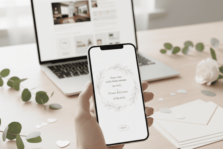 Faire-part numérique sur téléphone, idée de mariage petit budget moderne
