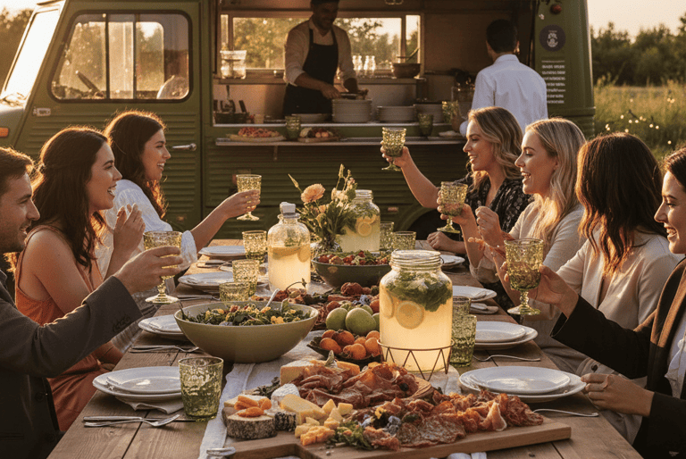 Invités trinquant près d’un food truck, idée pour mariage petit budget convivial