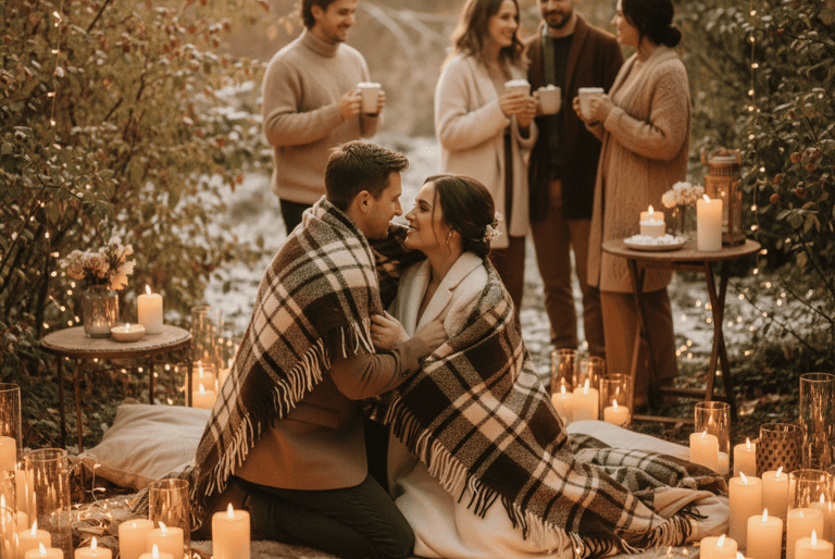 Couple sous plaid d’hiver, idée pour comment organiser un mariage petit budget