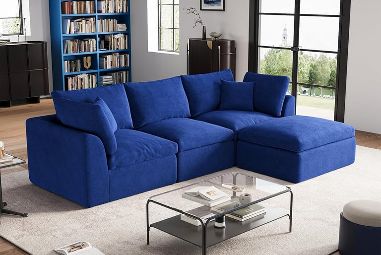 Large 110 inch cloud sectional sofa with ottoman, modular configuration, and soft chenille fabric.