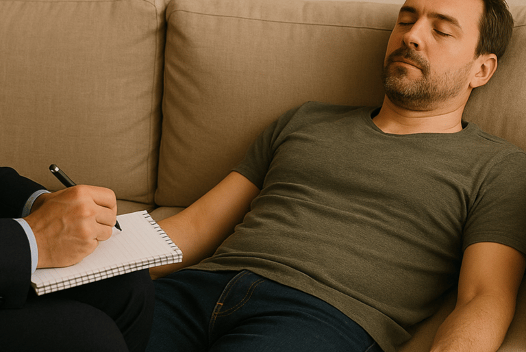 Hombre de mediana edad en sesión de Terapia de Vidas Pasadas.